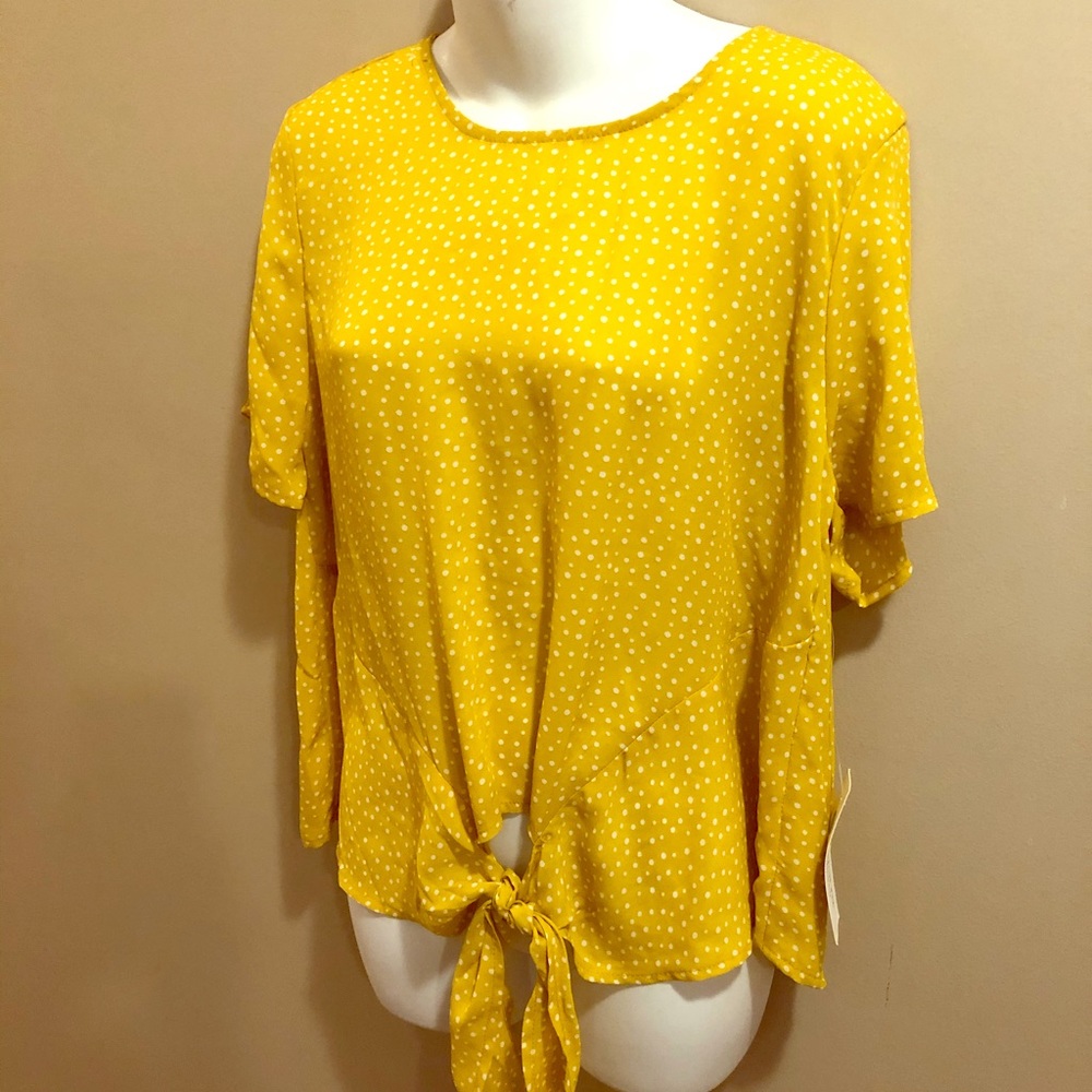 Mustard yellow polka dot tie blouse